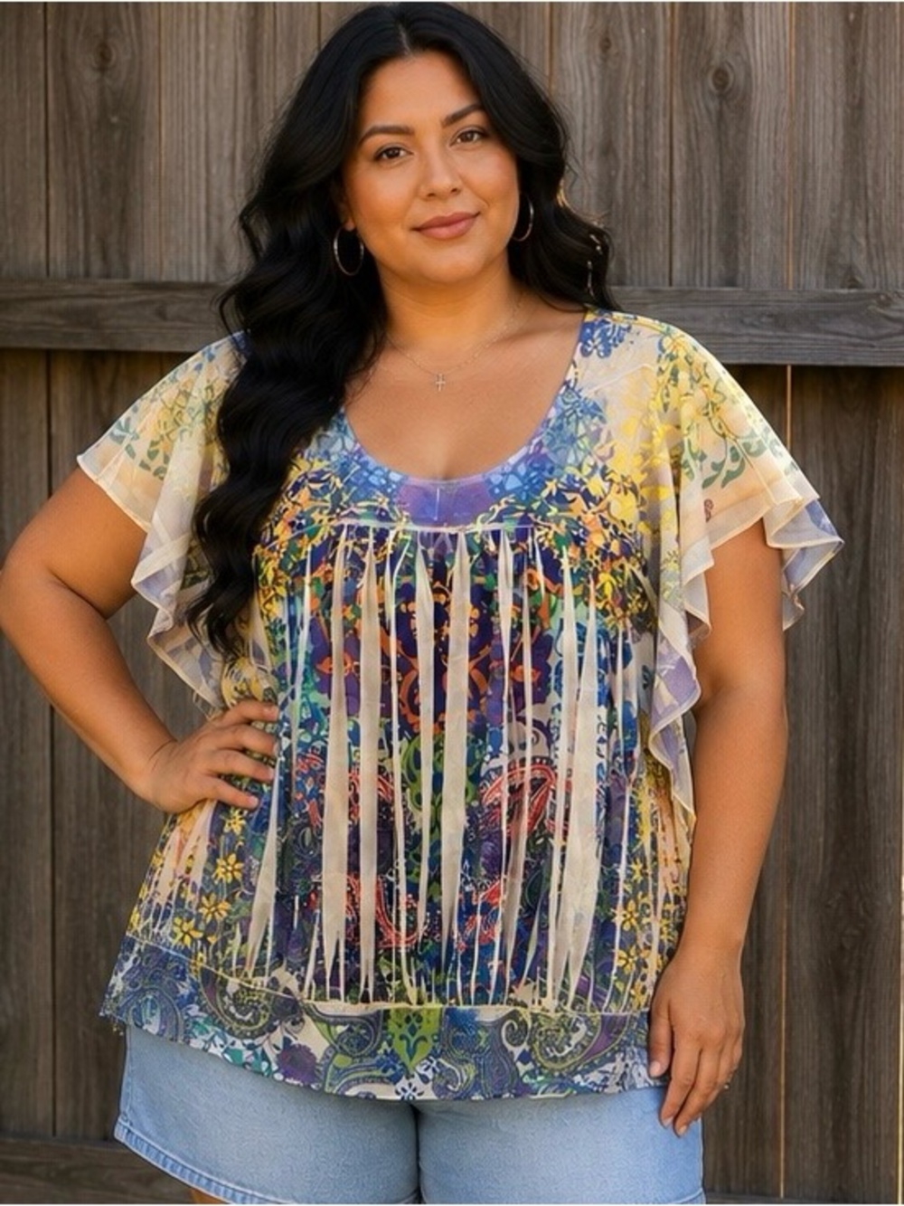b friends Colorful Boho Floral Paisley Flutter Sleeve Top Sz. 1X